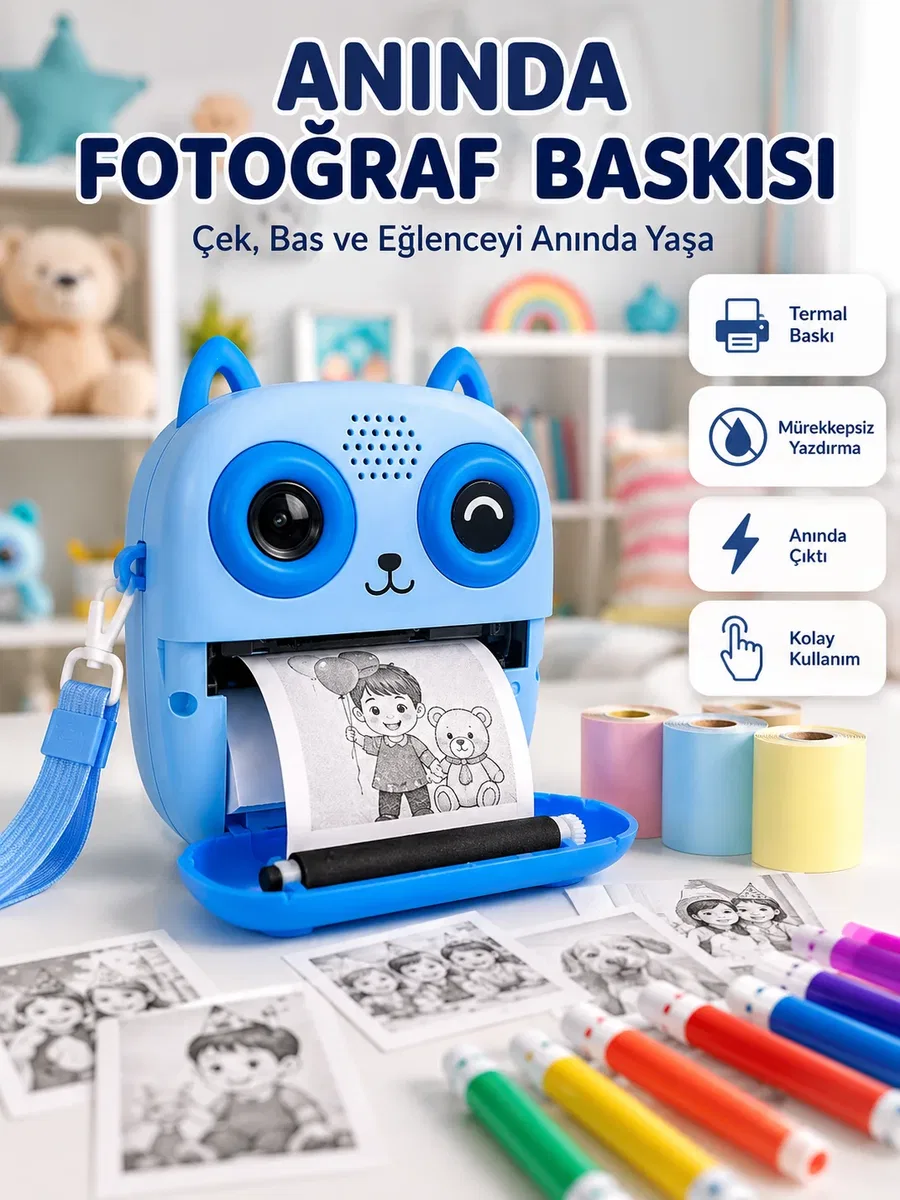 2. 4'' IPS Ekranlı Çocuk Fotoğraf Makinesi HD Çekim ve Anında Baskı Keyfi