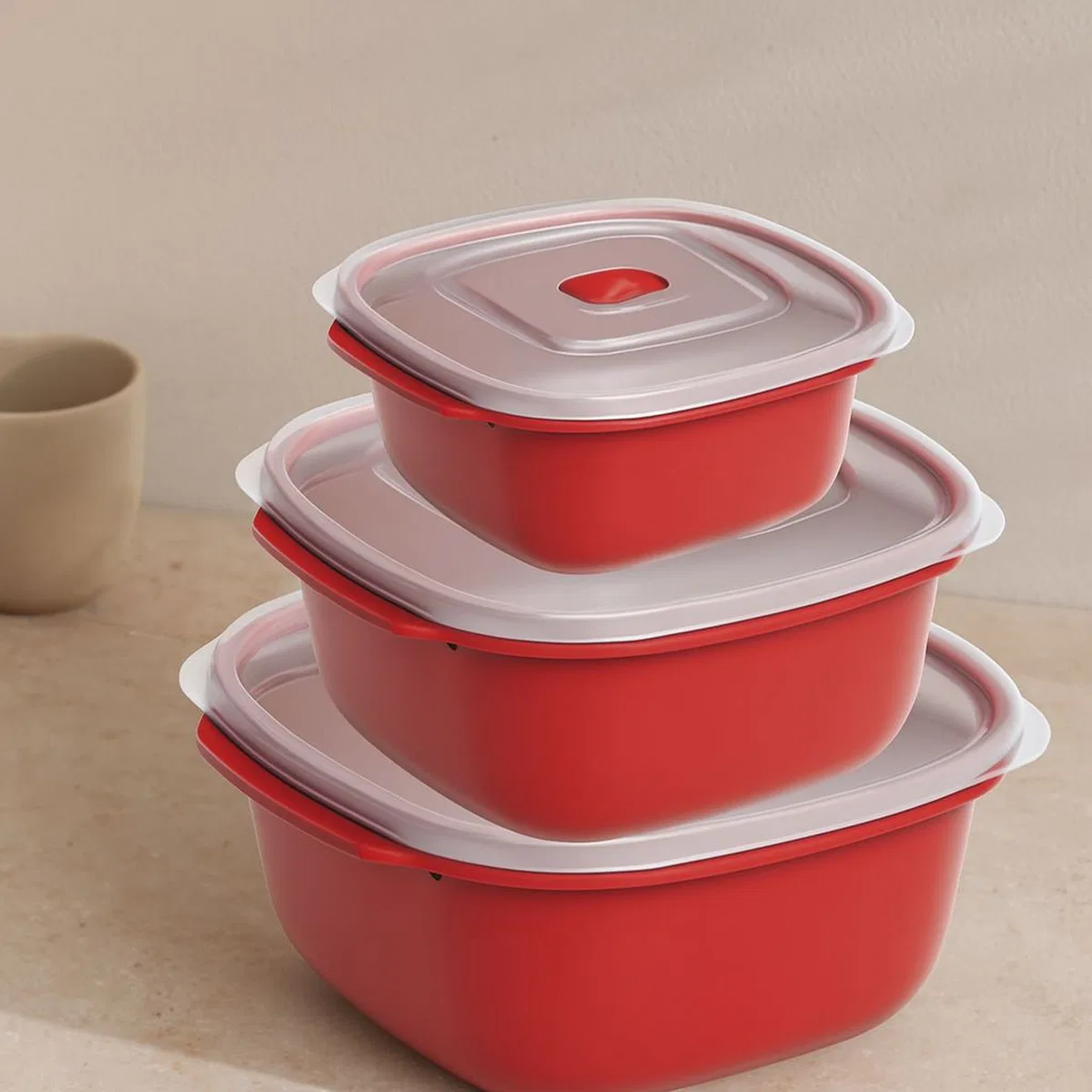 Kırmızı Kare Saklama Kabı Seti 3'lü (550/1100/2200 ml) görsel 2