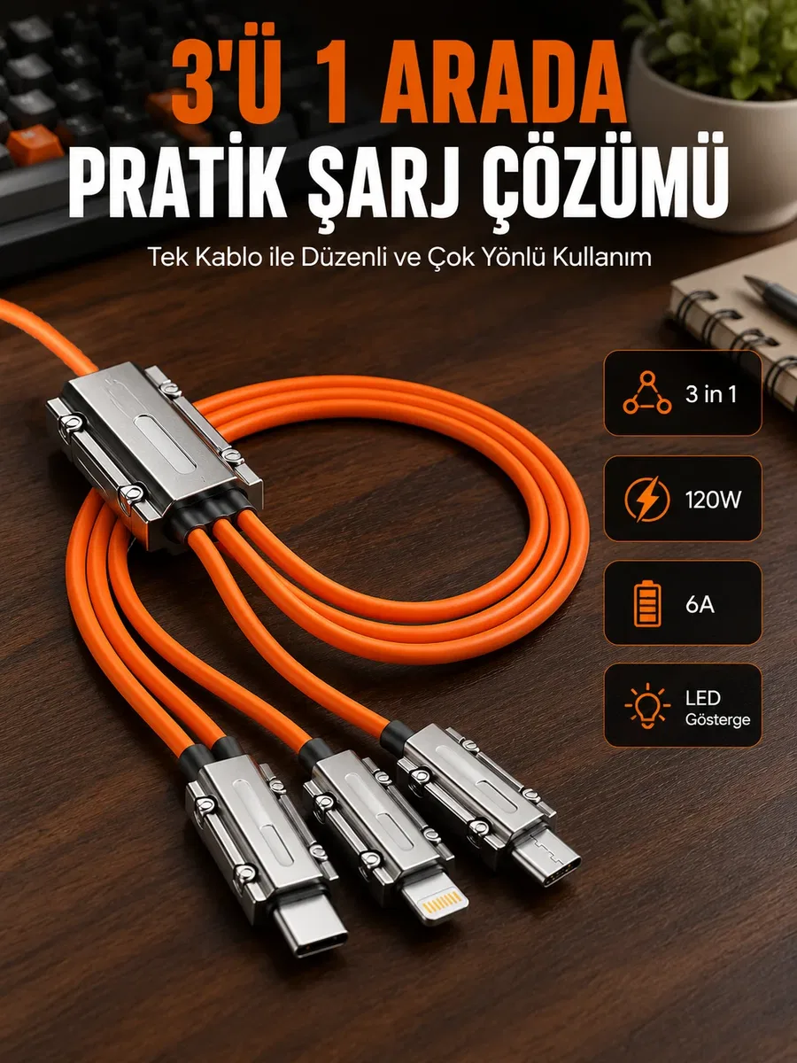 Yüksek Güç Aktarımı Sunan 6A Destekli Çoklu Bağlantı Şarj ve Veri Kablosu