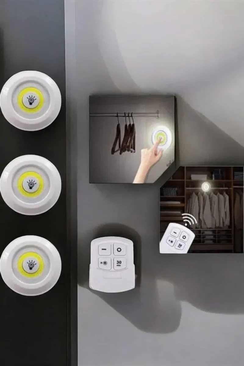 Spot Lamba Led Işık 3'lü Uzaktan Kumandalı Pilli Yapışkanlı Kablosuz Yeni Nesil görsel 4
