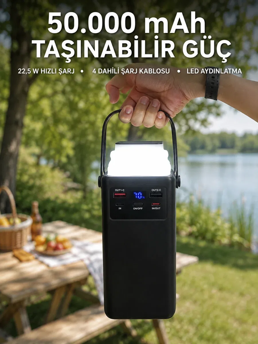 LED Aydınlatmalı Powerbank 50. 000 mAh 22, 5 W Hızlı Şarj 4 Dahili Kablolu Dijital Pil Göstergeli Batarya