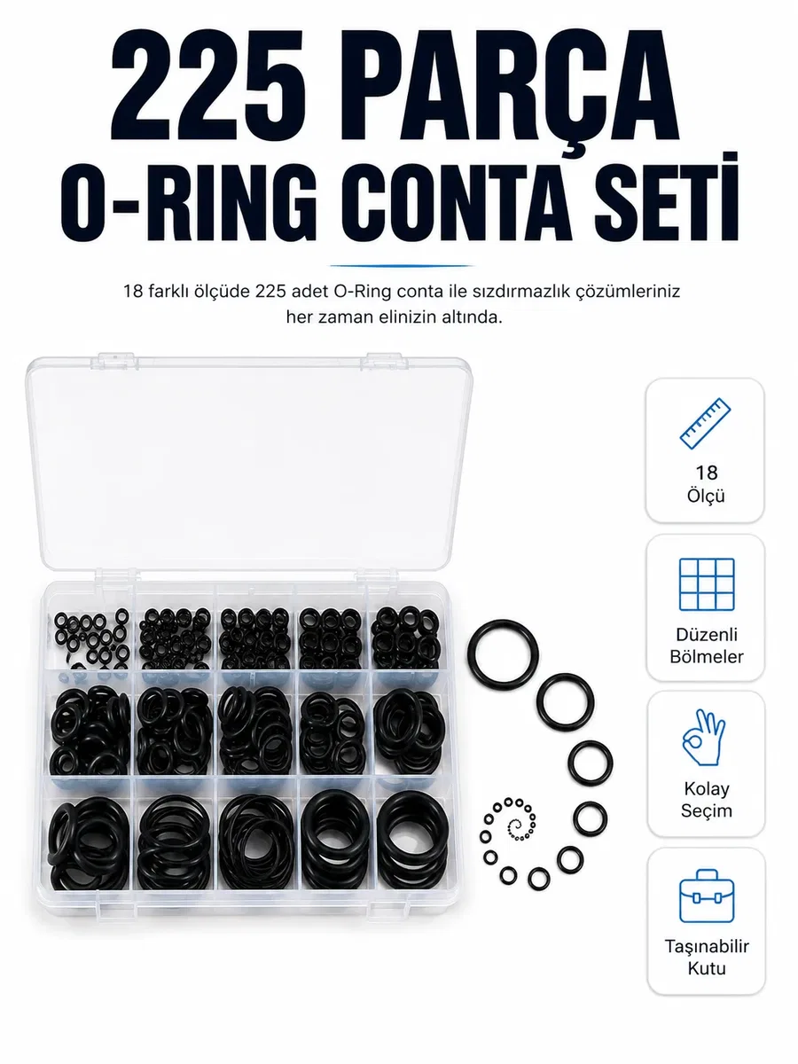 225 Parça Profesyonel O-Ring Conta Kiti Su, Yağ ve Hava Sızdırmazlık Tamir Seti