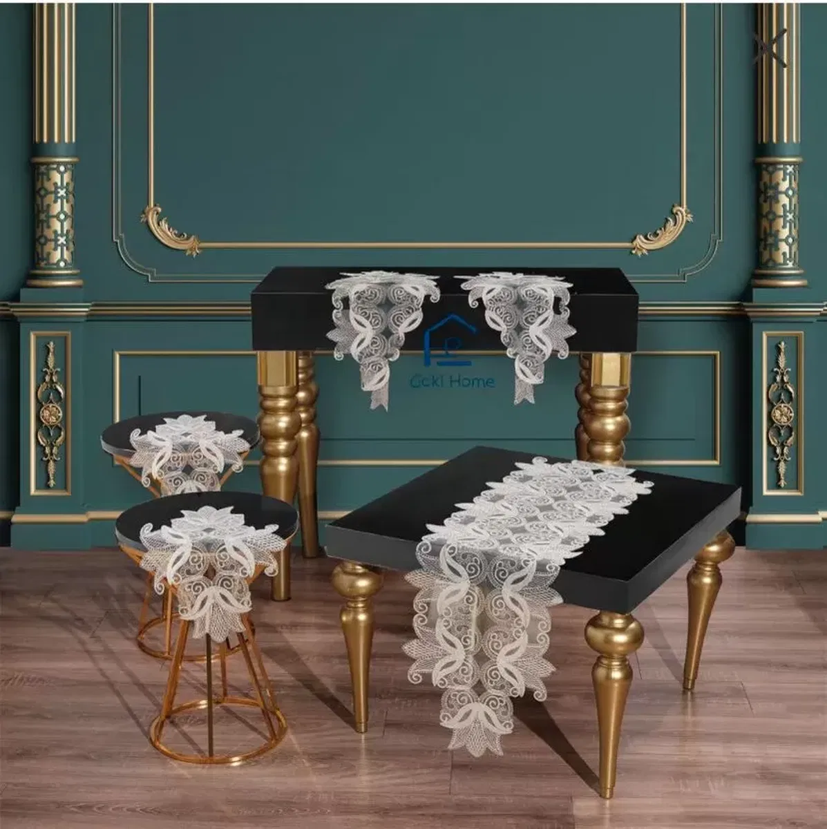 Salon Takımı 5 Parça Dantelli Masa Örtüsü Runner Seti Çeyizlik Zarif Model No 96801 Krem görsel 4