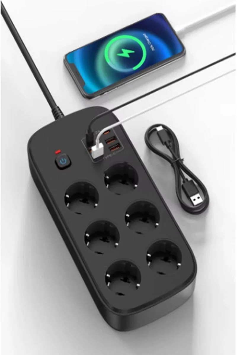 Termal Akım Korumalı 6’lü Priz 4x Usb 2x Type-c Çıkışlı Grup Priz Çoğaltıcı (3500w) Siyah görsel 2