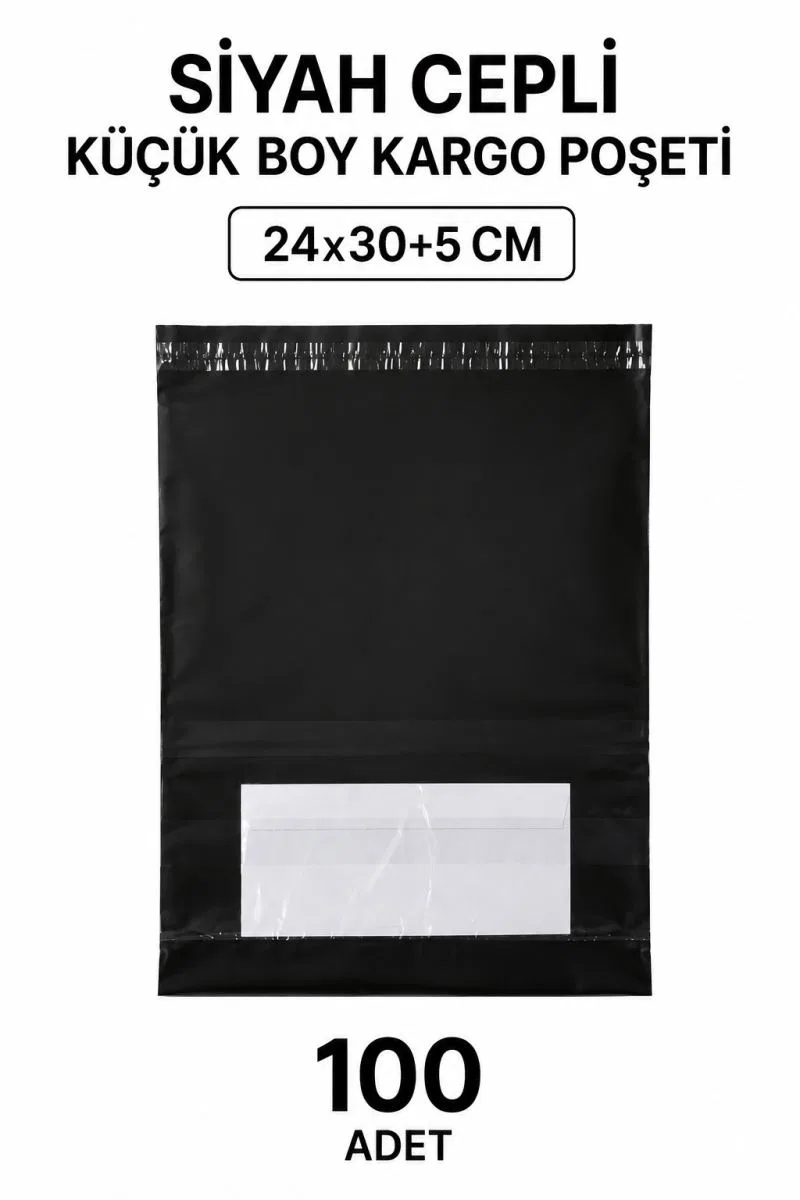 Siyah Cepli Küçük Boy Kargo Poşeti 24x30+5 Cm 100 Adet