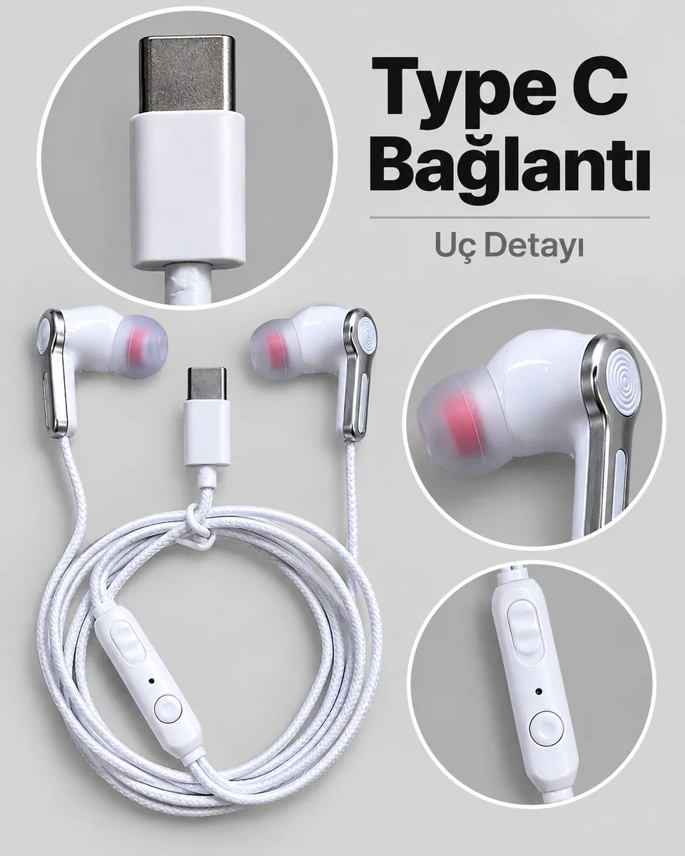 Kumandalı ve Silikon Başlıklı Beyaz Type C Kablolu Kulaklık