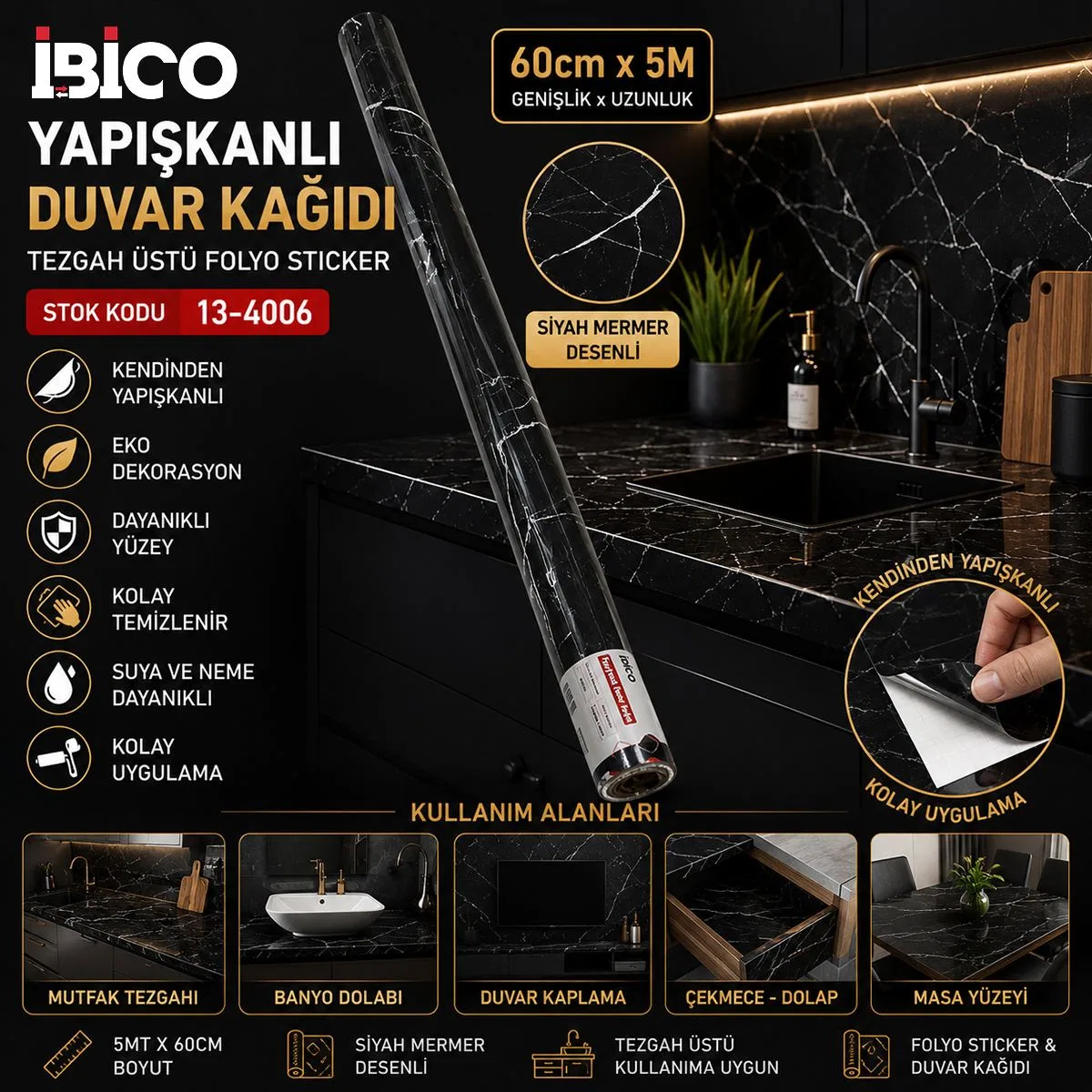 Siyah Mermer Desenli Kendinden Yapışkanlı Folyo Sticker 5m x 60cm görsel 3