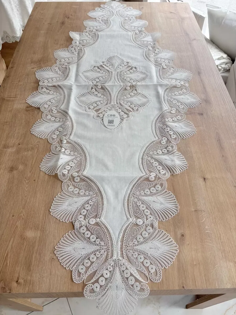 Salon Takımı Çeyizlik Krem Runner Set 5 Parça Keten Ranır Masa Konsol Sehpa Örtüsü Lavinya görsel 4