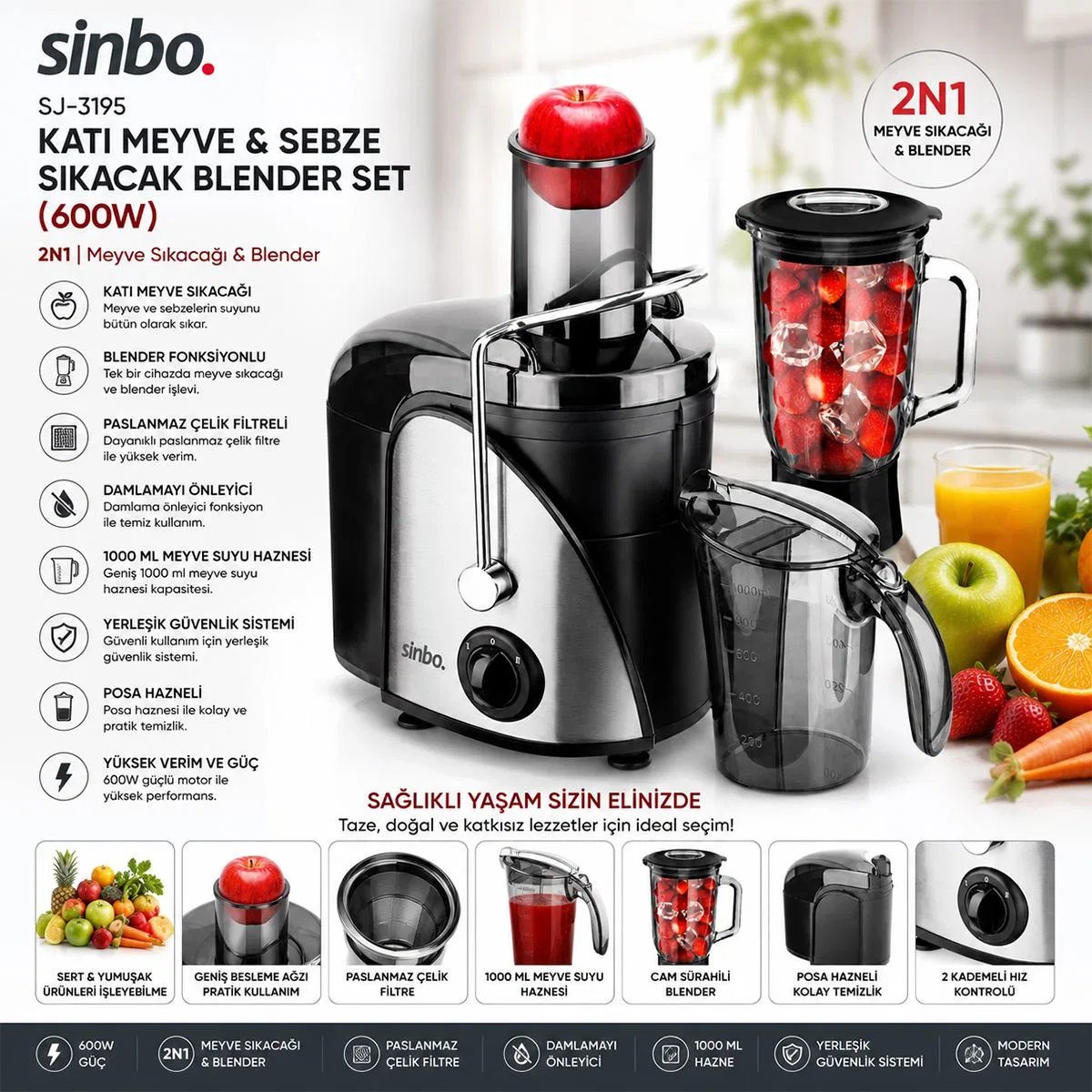 600W Katı Meyve ve Sebze Sıkacağı Blender Seti 1000 ml görsel 3