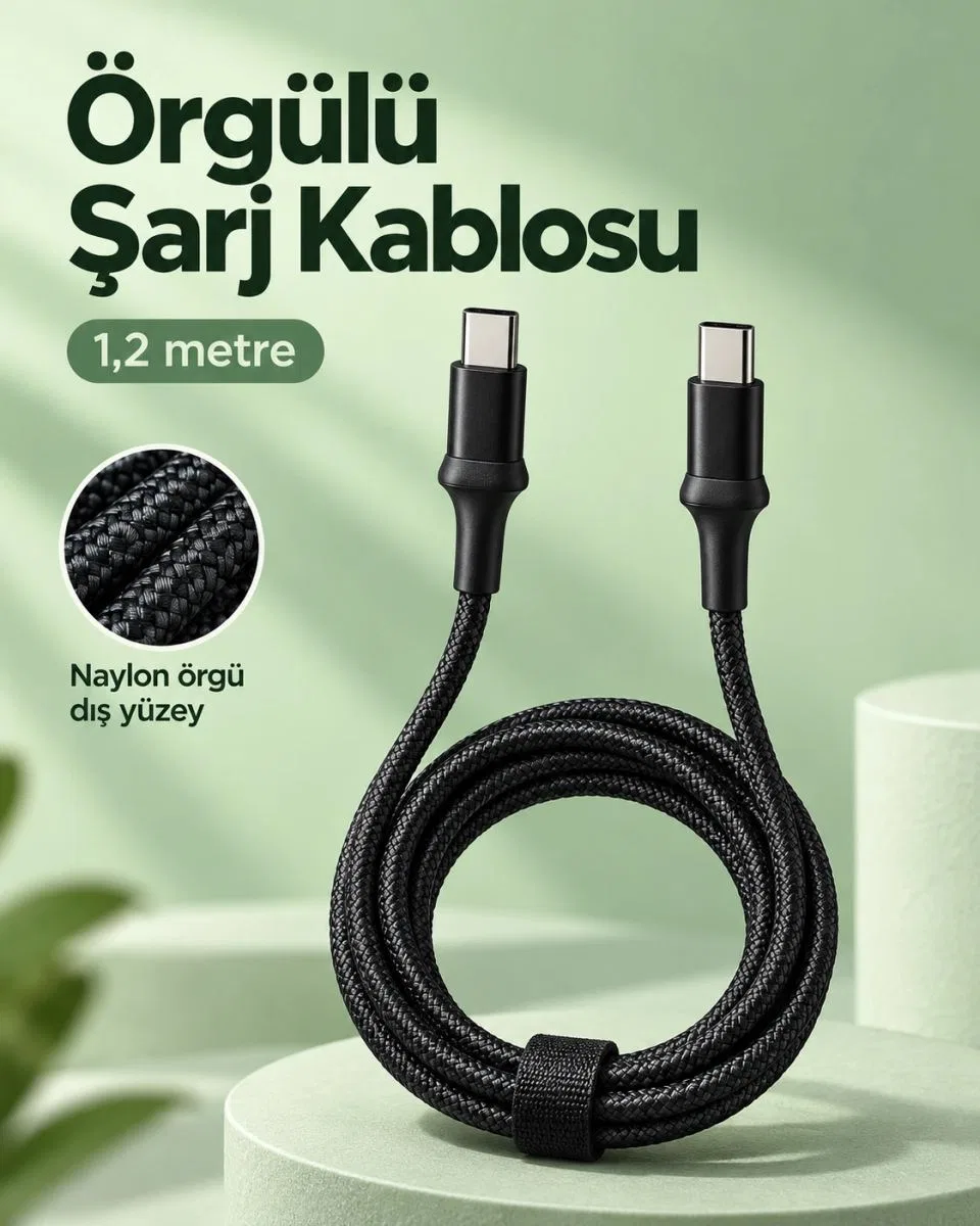 Type C To Type C Led Işıklı Şarj Kablosu 1, 2 Metre