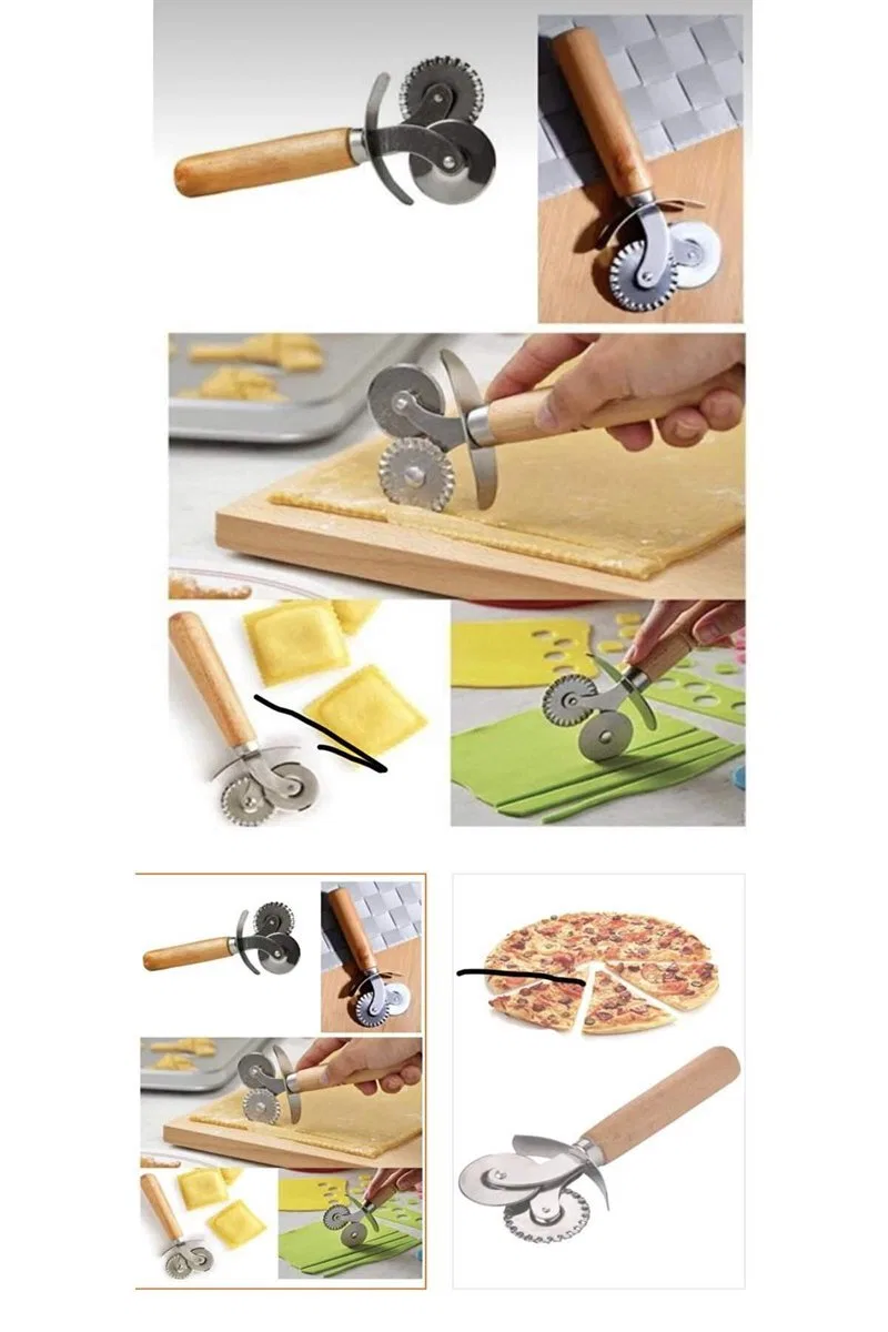 Çift Başlıklı Ahşap Saplı Pizza Kesici Hamur Kesici görsel 3