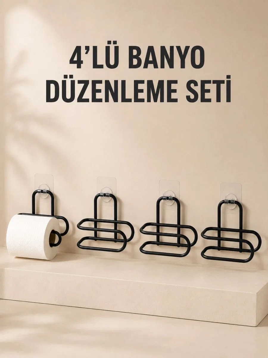 4 Adet Yapışkanlı Tuvalet Kağıdı Askısı Siyah Metal Delmeden Duvara Monte Wc Kağıtlık