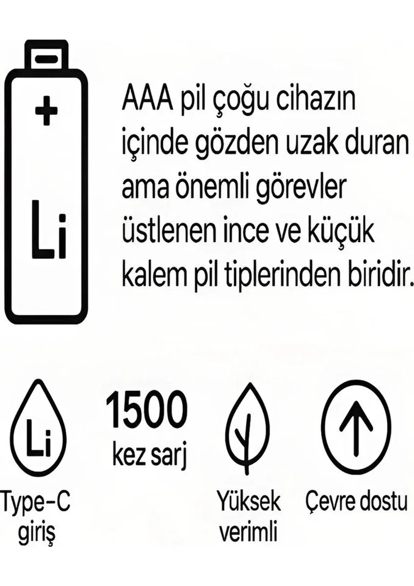 Type-c Şarjlı 800mwh 1. 5v Şarj Edilebilir 2’li Aaa İnce Pil - Lityum Iyon Batarya görsel 3