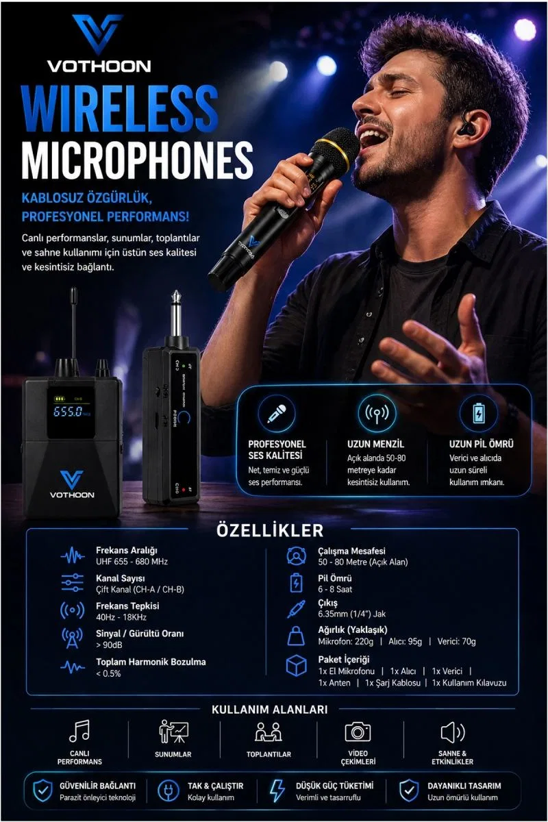 Mikrofon Seti Uhf Çift K Profesyonel El Mikrofonu 50-80m Menzil görsel 2