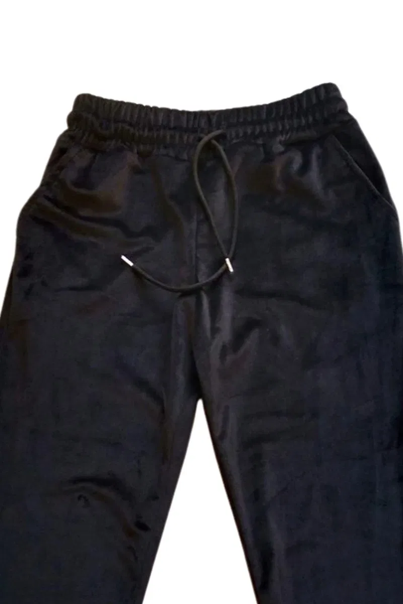 Parlak Kadife Cepli Pantolon Eşofman Pijama Altı Uni Lastikli Paça Siyah görsel 2