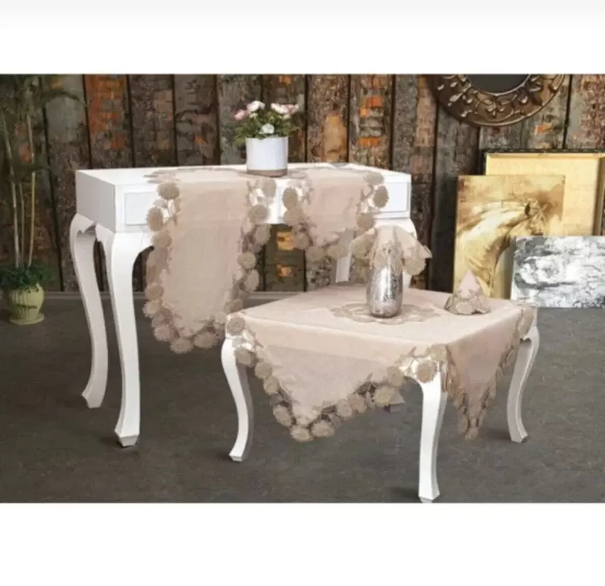 Flowers Model Kapiçino 5 Parça Keten Dantelli Masa Örtüsü Runner Seti Çeyizlik Salon Takımı görsel 3