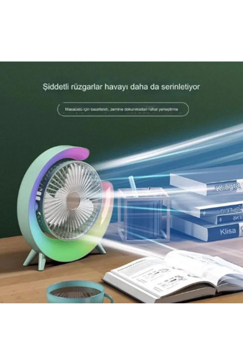 Masaüstü Vantilatör Usb Şarjlı Rgb Led Işıklı 3 Kademeli 180° Ayarlanabilir Soğutucu Fan Yeşil görsel 5