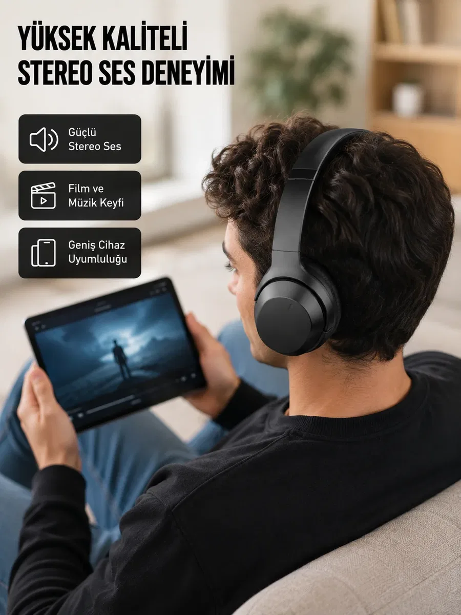Bluetooth 5. 0 Siyah Kablosuz Kulaklık 18 Saat Batarya Katlanabilir Tasarım Yeni Nesil