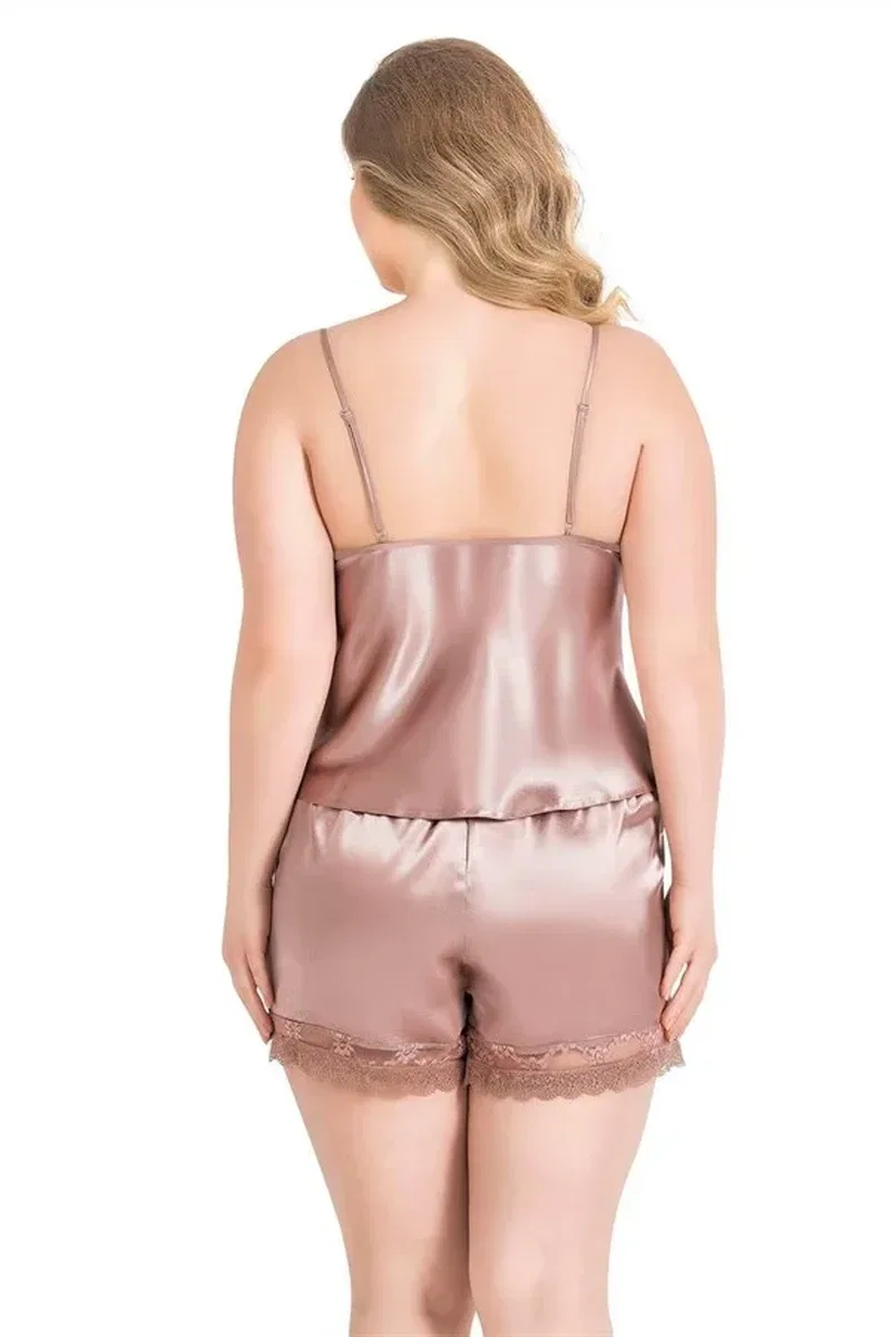 Büyük Beden Vizon Saten Babydoll Şort Takımı görsel 2