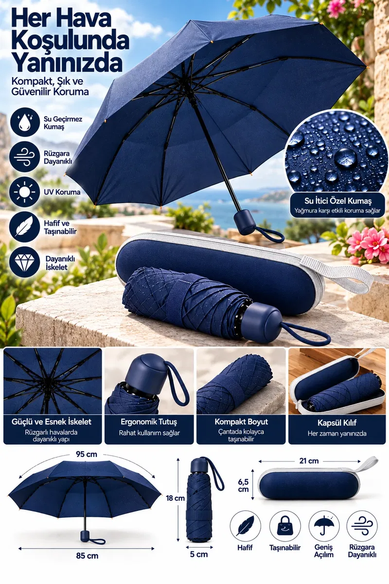 Çantada Kolay Taşınan Lacivert Kapsül Şemsiye Hafif Ergonomik Kullanım görsel 3