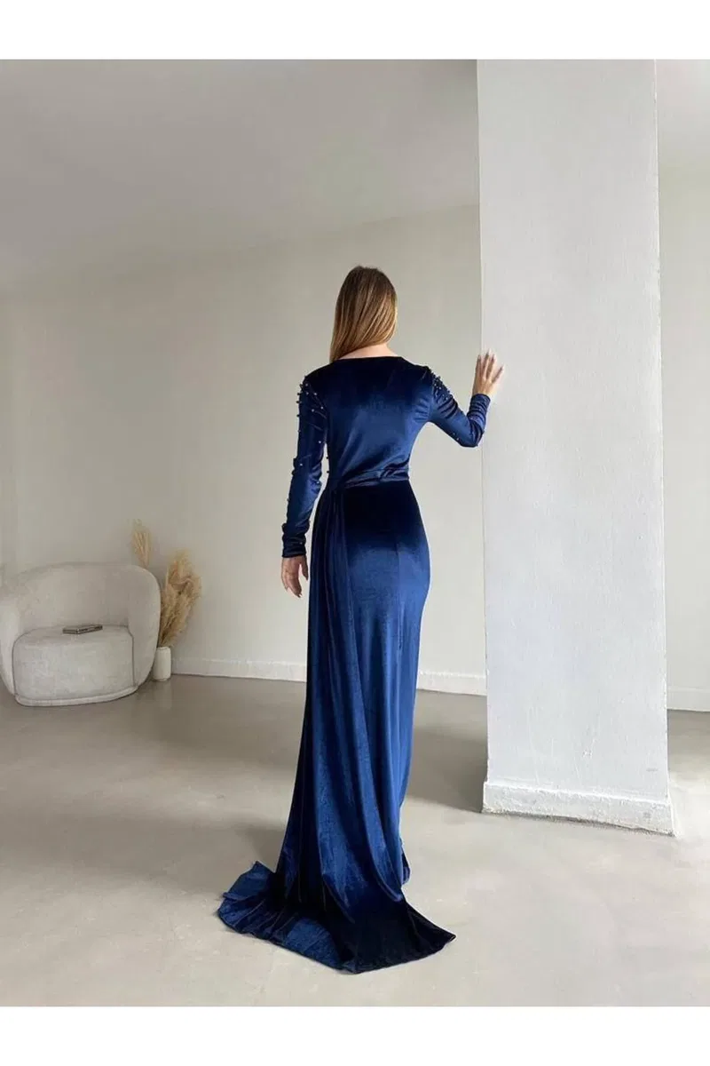 Kadın Şık Model V Yaka Uzun Kol Balık Kesim Abiye Elbise görsel 8