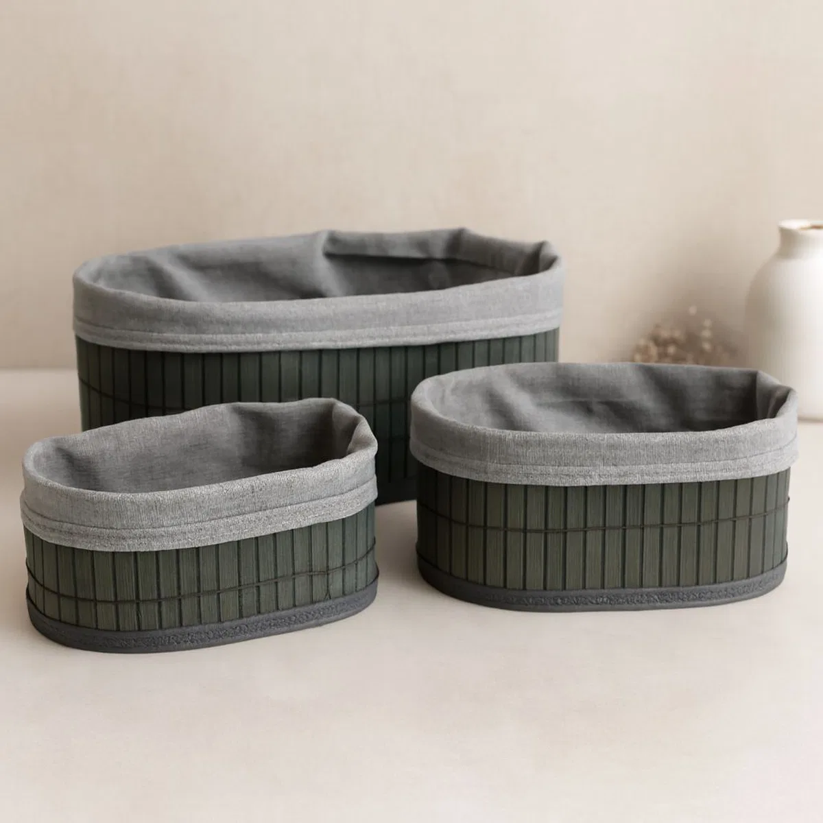Oval Bambu Kenarlı 3'lü Organizer Sepet Seti - Gri