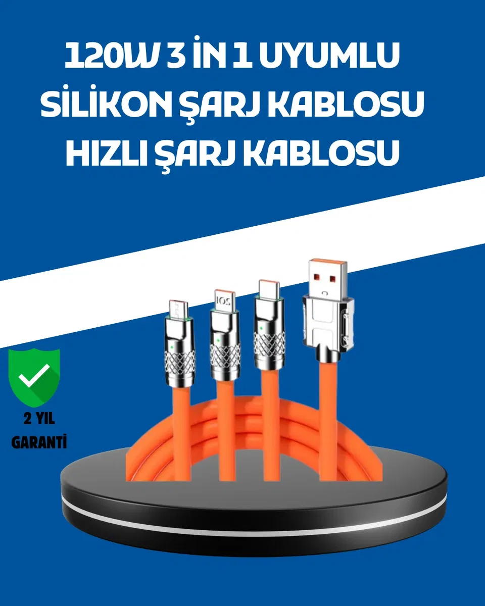 120W Şarj Destekli 3’ü 1 Arada Çoklu Şarj Kablosu – 1. 2 Metre
