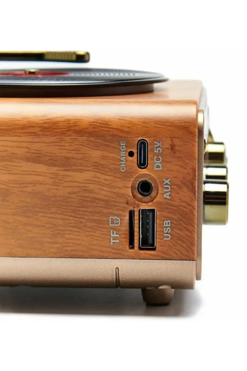 Nostaljik Tasarım Plak Çalar Görünümlü Radyolu Bluetooth Hoparlör Retro Müzik Plak Açık Kahverengi görsel 4