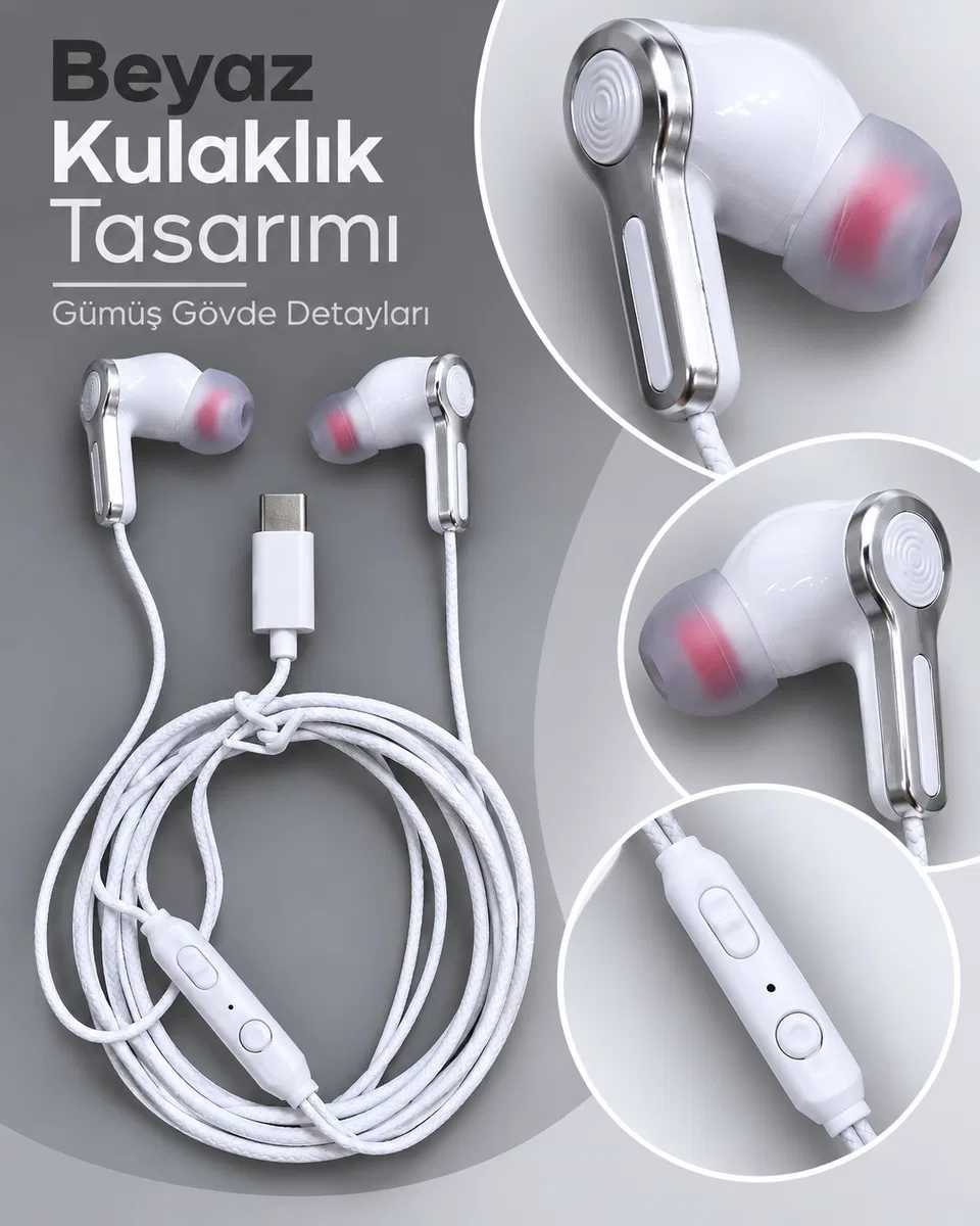 Kumandalı ve Silikon Başlıklı Beyaz Type C Kablolu Kulaklık görsel 2