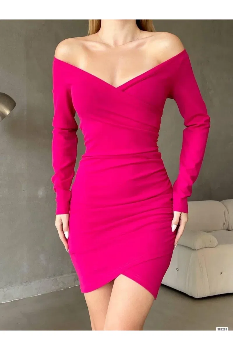 Kadın El Emeği Kruvaze Büzgülü/Fırfırlı Kol Mini Elbise görsel 6