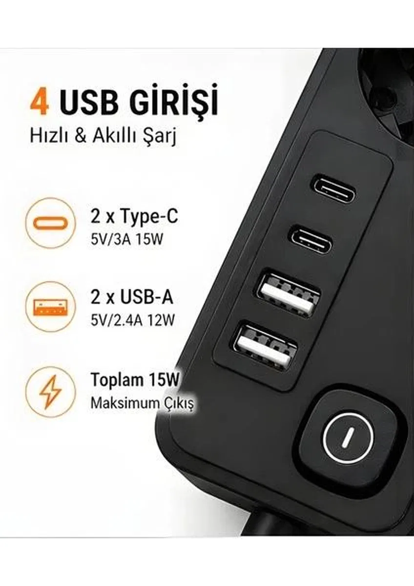 Akım Korumalı 5’li Priz 2xusb 2xtype-c Çıkış Akım Koruma Çoklu Priz Çoğaltıcı Anahtarlı Ftr-31 Siyah görsel 3