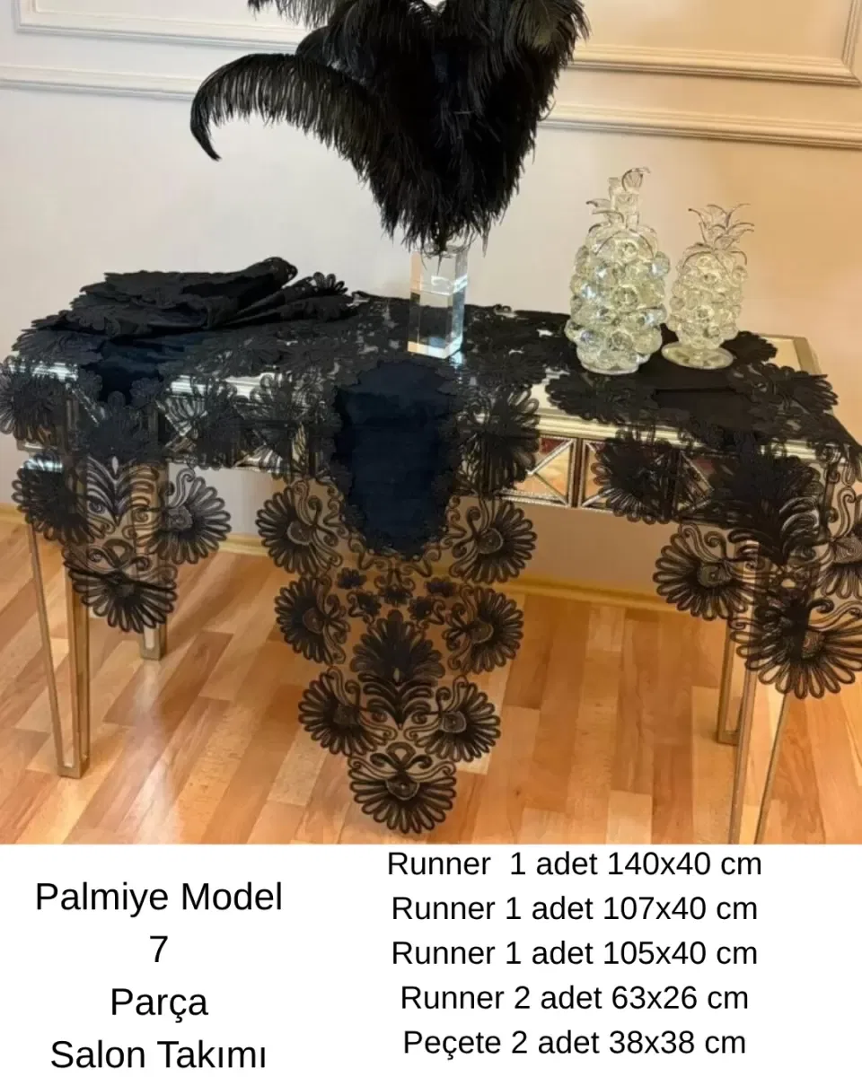 Çeyizlik Palmiye Model Siyah 7 Parça Keten Masa Örtüsü Yolluk Seti Salon Takımı görsel 3