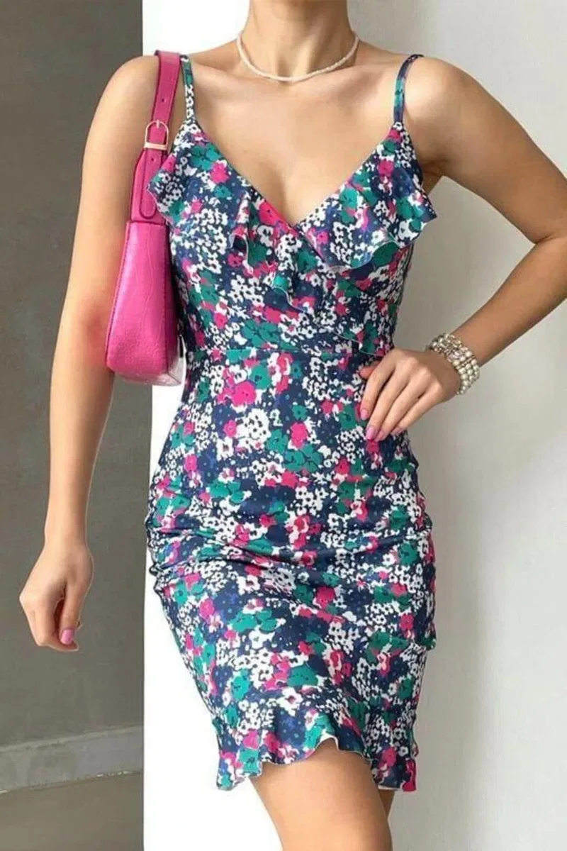 Kadın Simli Kumaş V Yaka Volanlı Mini Askılı Elbise görsel 7