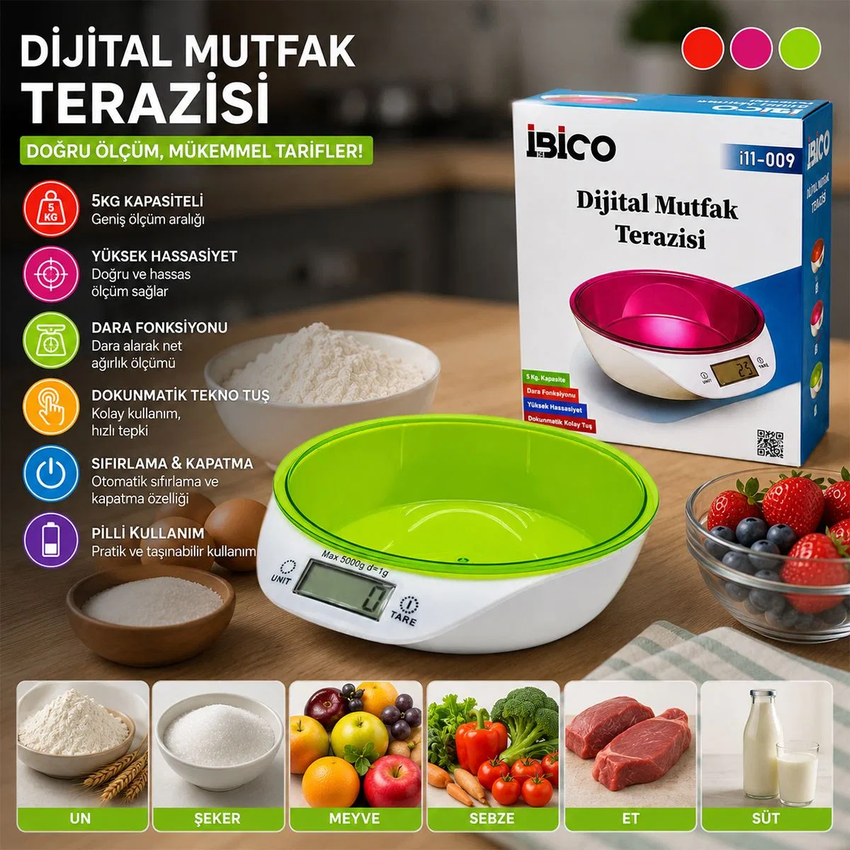 Dijital Kaseli Mutfak Terazisi 5kg/1g (Pilli) görsel 3