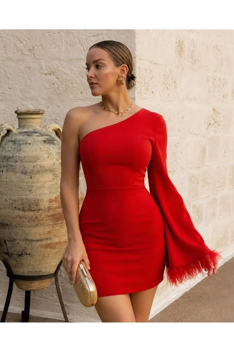 Kadın Modern Stil Tek Omuz İspanyol Kol Bodycon Mini Elbise görsel 5