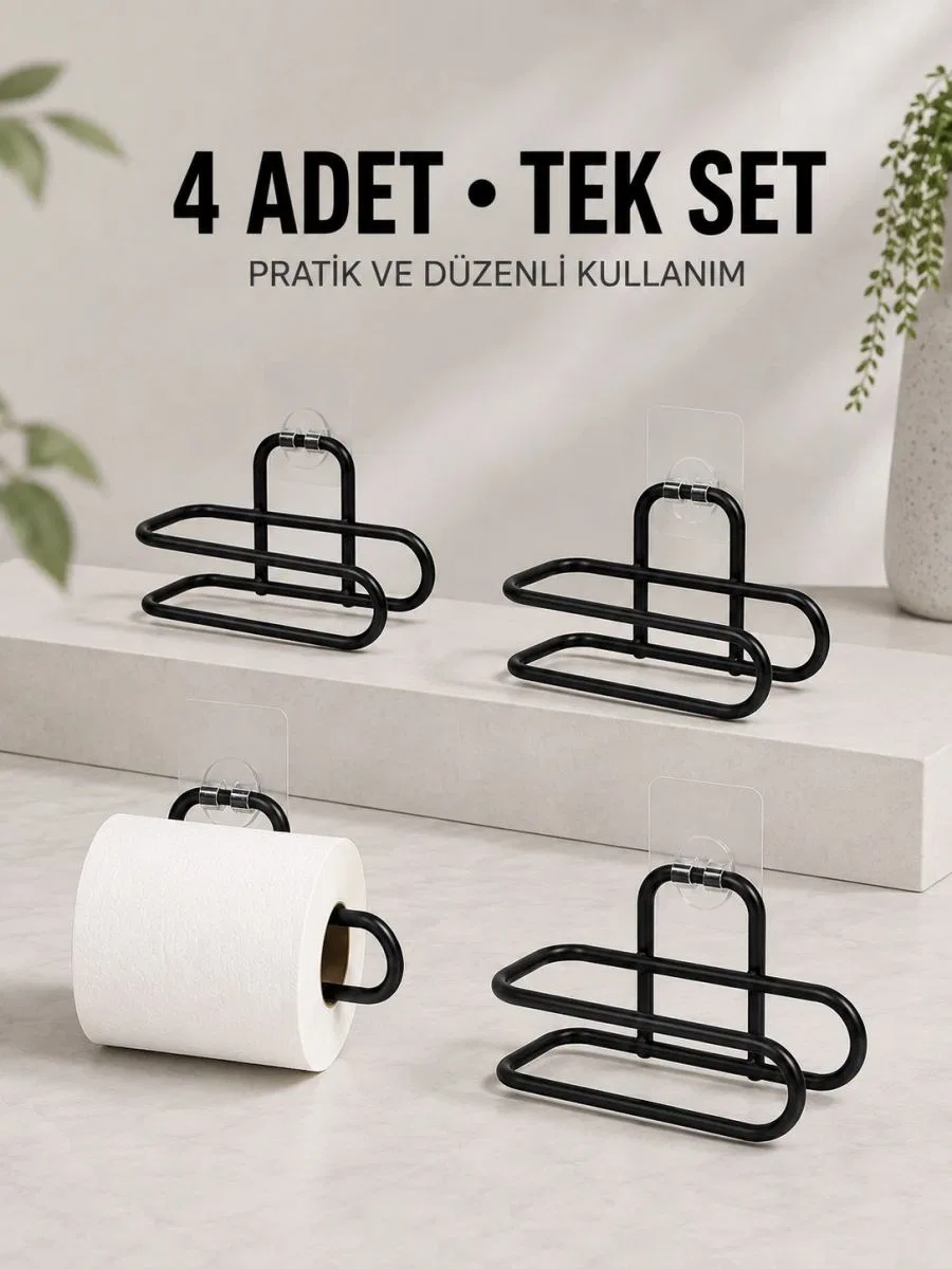 Duvara Yapışkanlı Wc Kağıtlık Siyah Metal 4 Adet Tuvalet Kağıdı Rulo Askısı