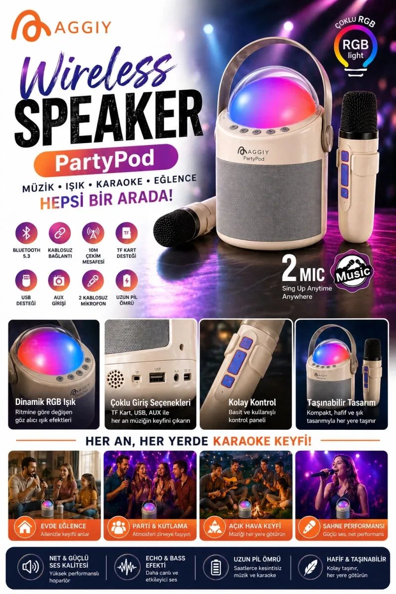 Partypod Bluetooth 5. 3 Destekli Çok Fonksiyonlu Kablosuz Mikrofon Ve Hoparlör görsel 3