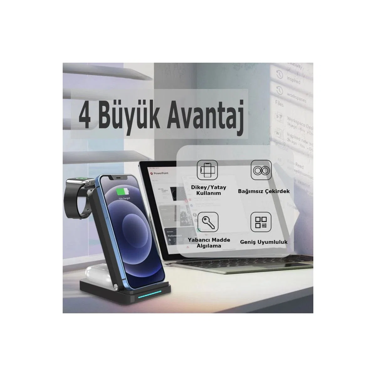 S90 4in1 Kablosuz Şarj Masaüstü Set - Siyah görsel 3