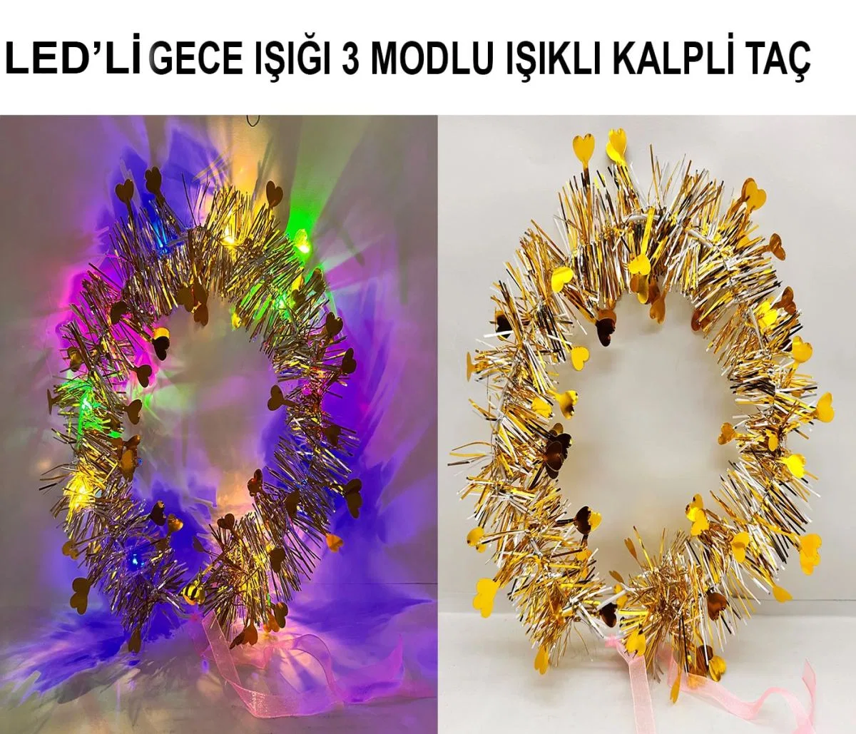 Kalp Püsküllü Gece Parıltısı 3 Modlu Led39li Işıklı Taç Altın Renk görsel 2