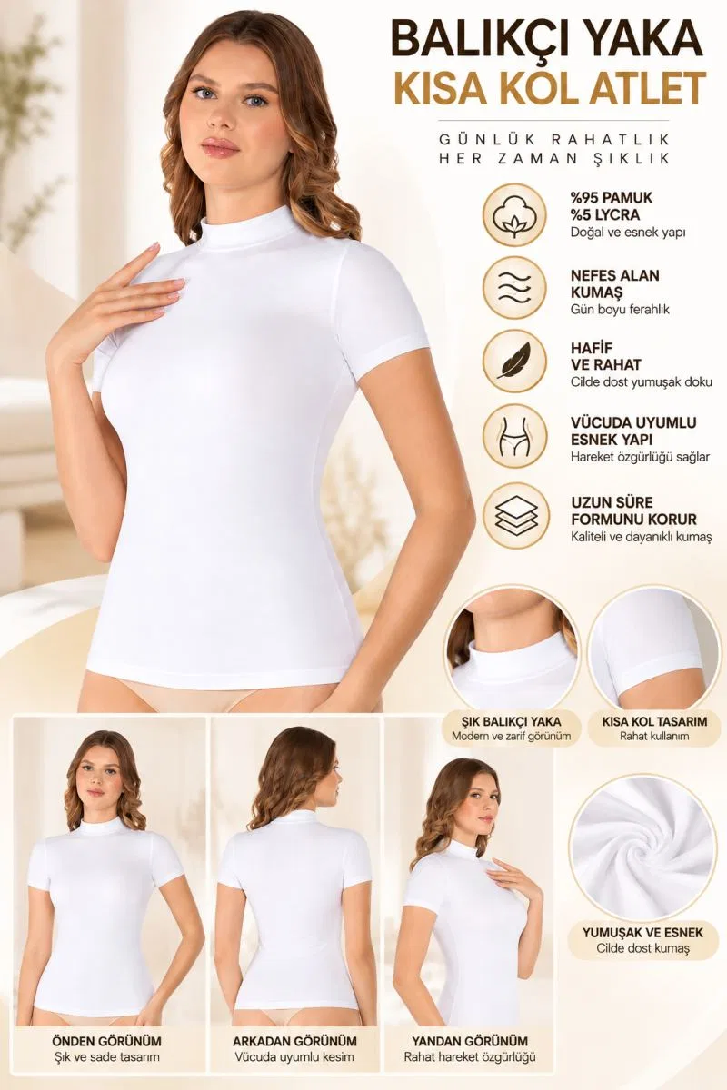 Kadın Balıkçı Yaka Kısa Kol Atlet Beyaz, Esnek Kumaş, Vücuda Oturan Basic Body - ryl - 2611