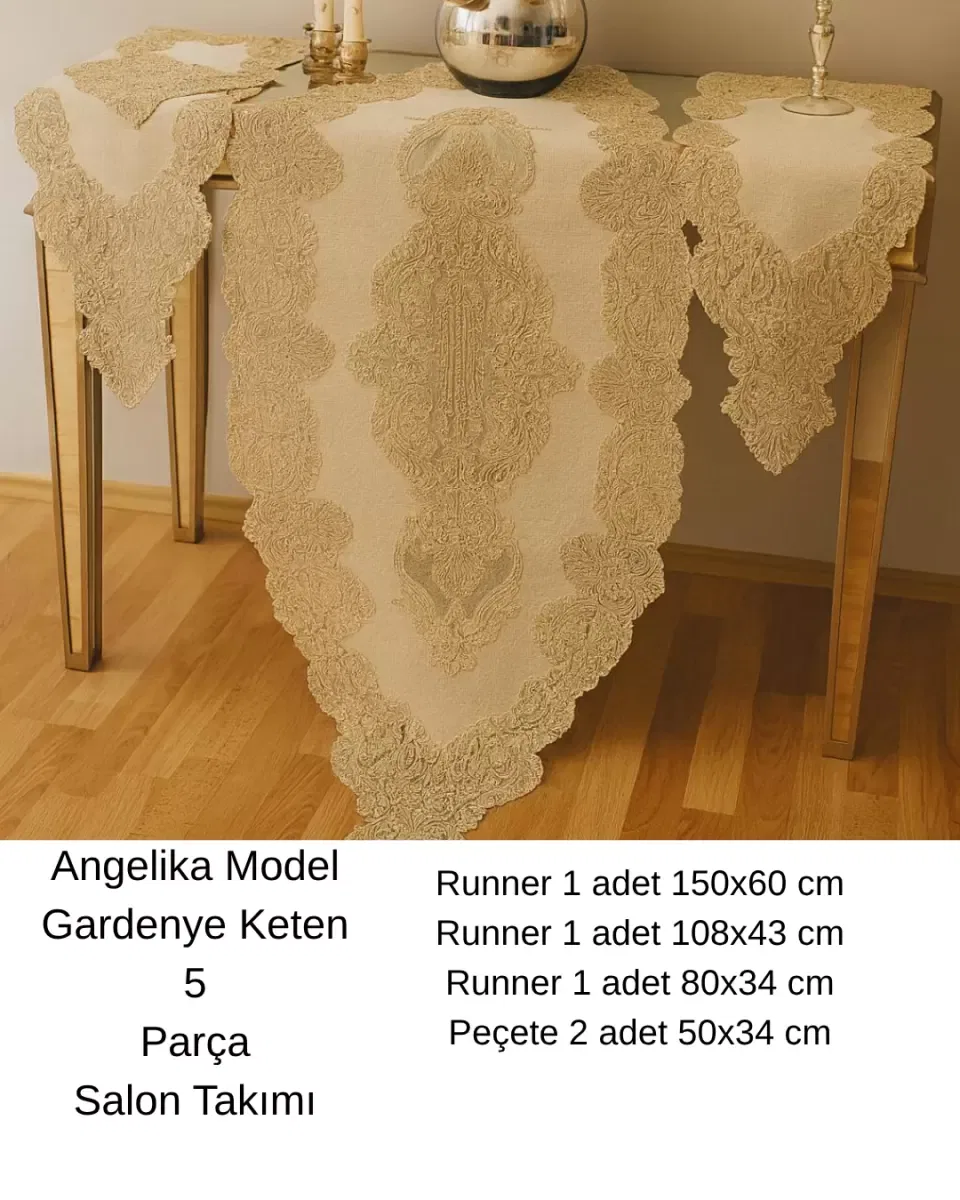 Salon Takımı 5 Parça Keten Dantelli Masa Örtüsü Runner Seti Angelika Model 236- Simli Gold görsel 2