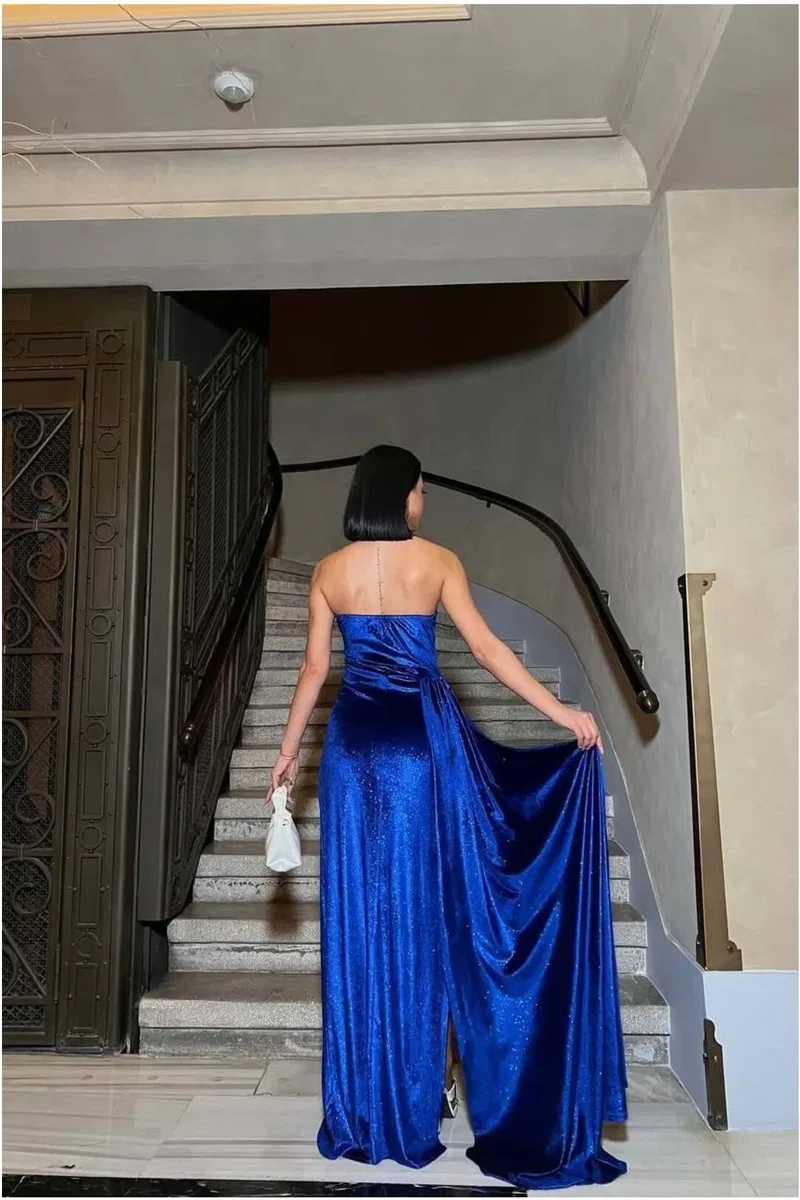 Kadın El Emeği Kadife Kumaş Straplez Yırtmaçlı Maxi Abiye Elbise görsel 8