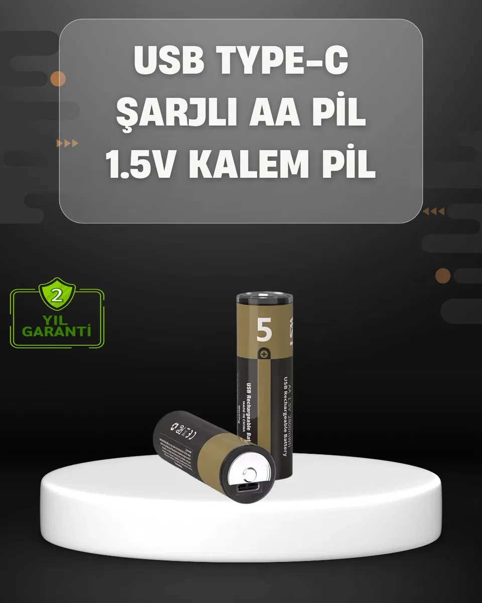 USB Type-C Girişli Şarjlı AA Lityum Pil | 1. 5V Sabit Çıkış | 3200mWh (2'li Paket)