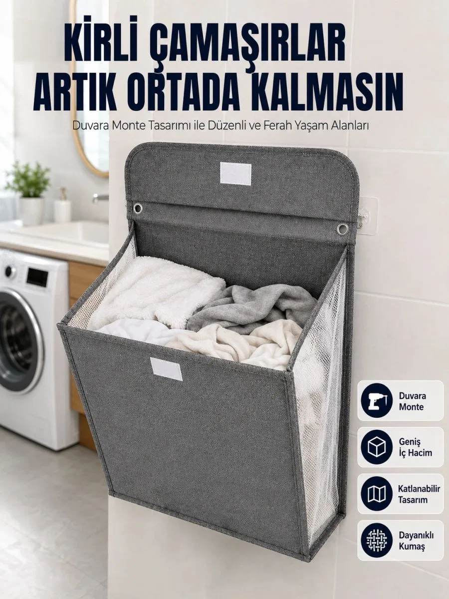Banyo Ve Çamaşır Odası İçin Duvara Asılan Katlanabilir Çamaşır Sepeti