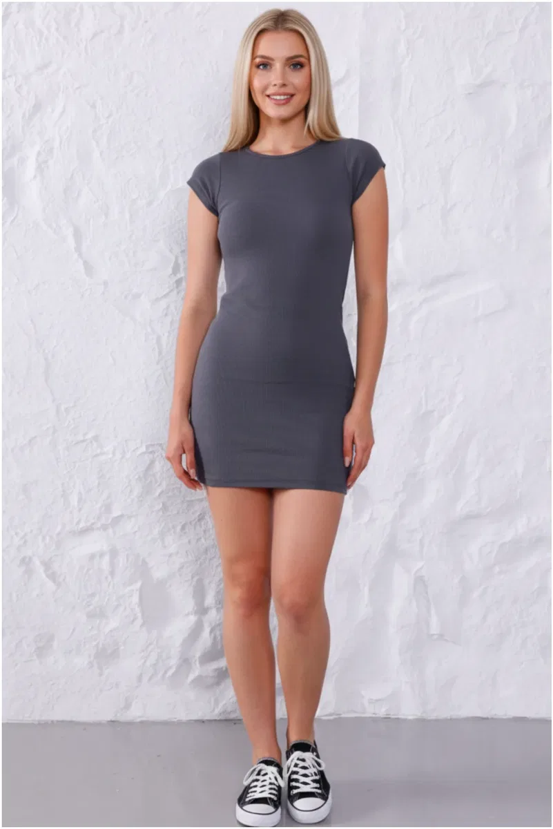 Kadın Şık Bordo Bisiklet Yaka %95 Pamuklu Fitilli Likralı Kaşkorse Slim Fit Basic Mini Elbise görsel 5