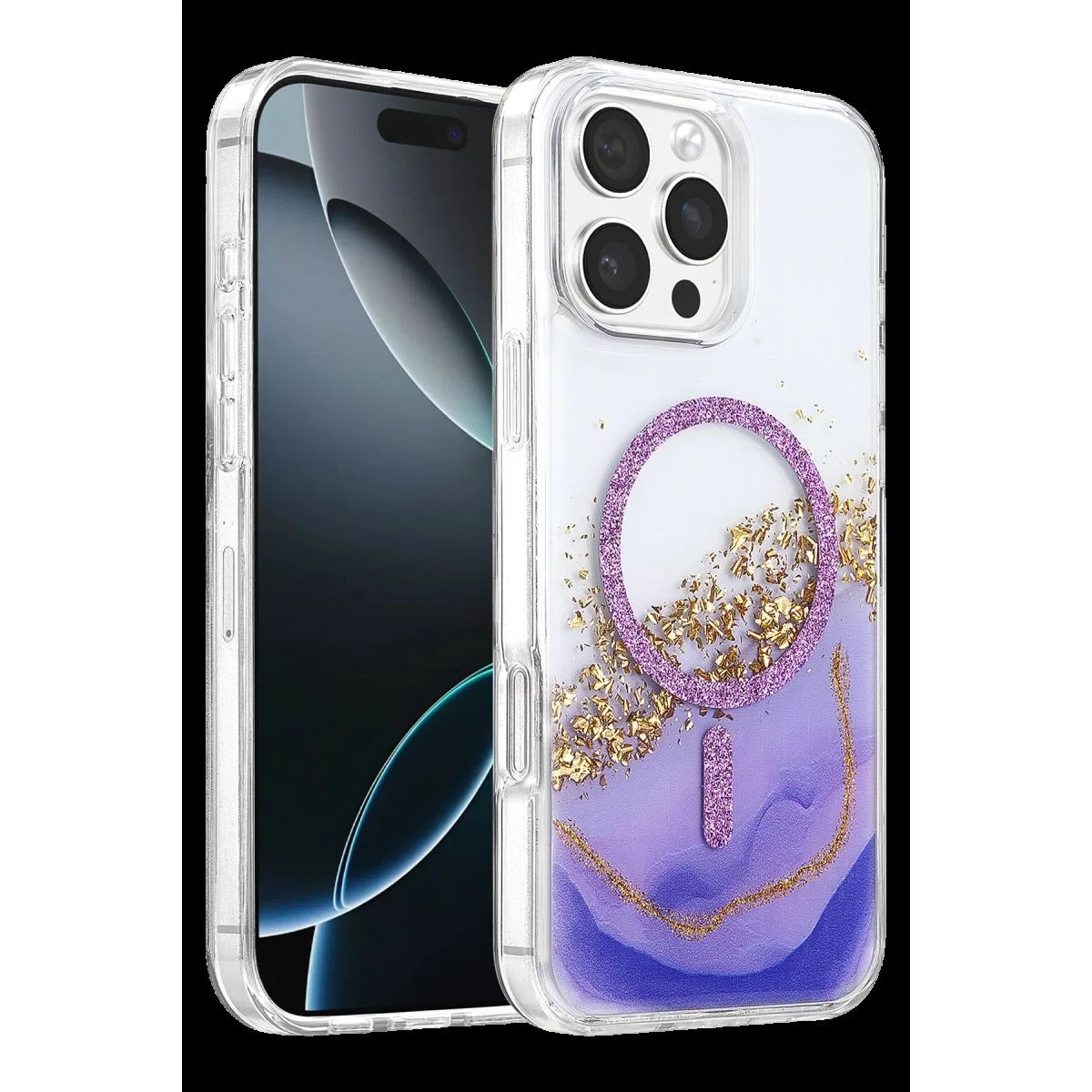 Onegif Apple İphone 16 Pro Max Lotus Simli Magsafe Kapak - Mor