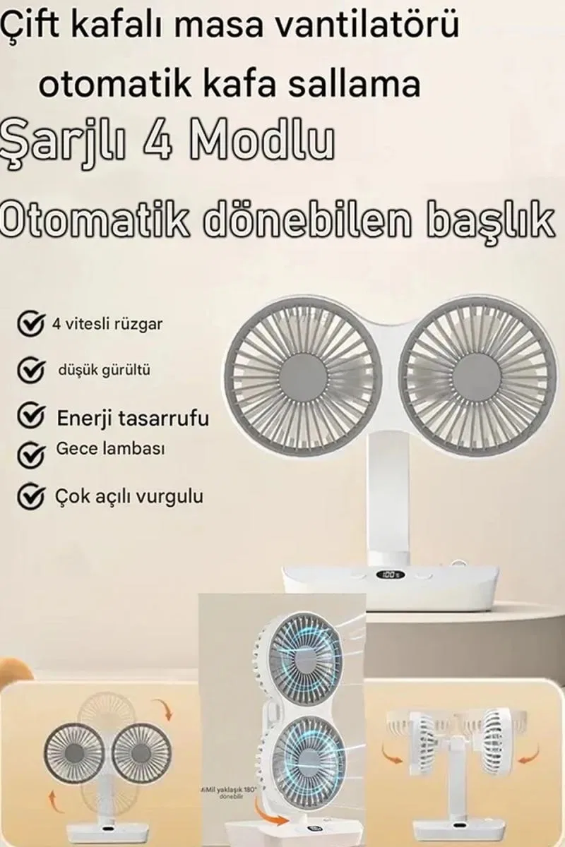 Masaüstü Dijital Ekranlı Çift Fanlı Led Işıklı Soğutucu Fan Ev Ofis Şarjlı Vantilatör görsel 6