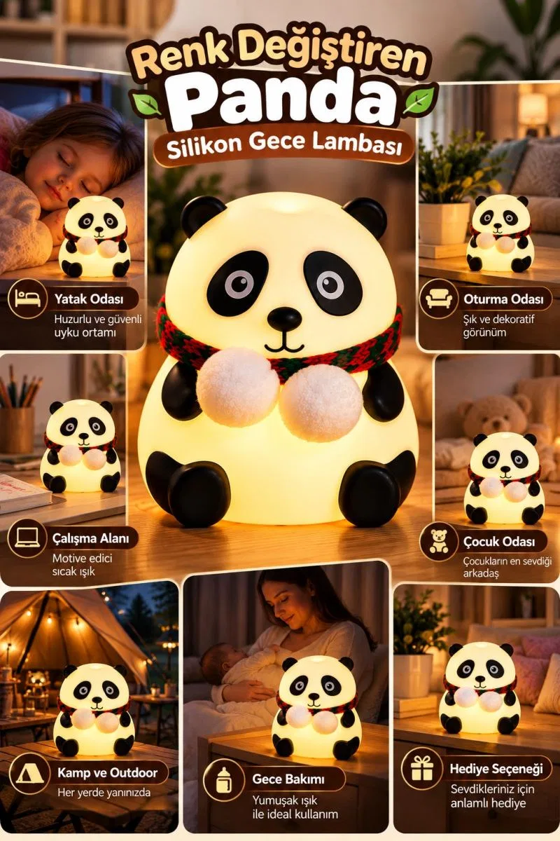 Yatak Odası Çocuk Odası İçin Renk Değiştiren Panda Silikon Gece Lambası görsel 5