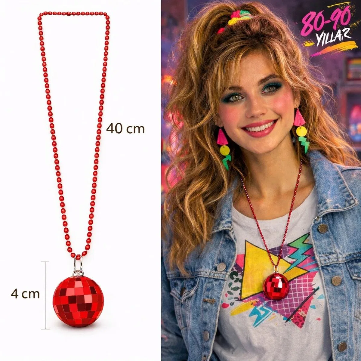 Retro Disko Topu Şekilli 8039ler 9039lar Kırmızı Renk Plastik Kolye