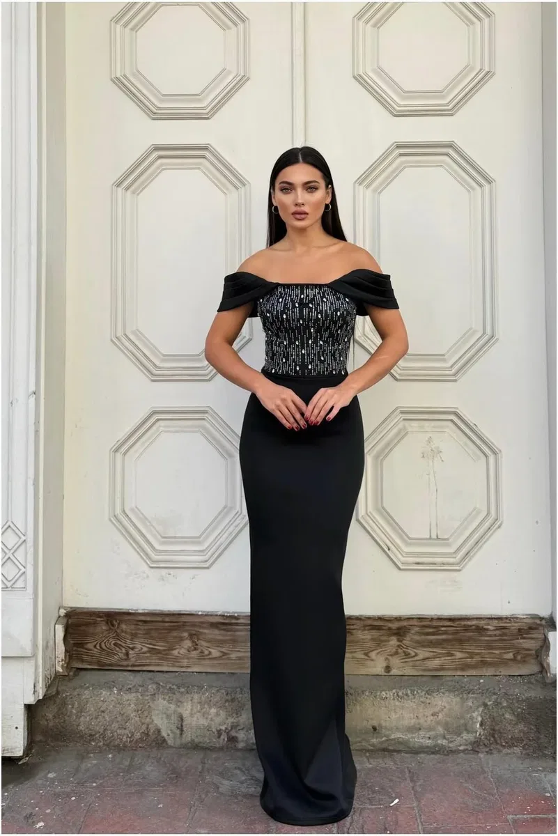 Kadın Modern Dik Yaka Payetli Maxi Uzun Kollu Abiye Elbise görsel 7